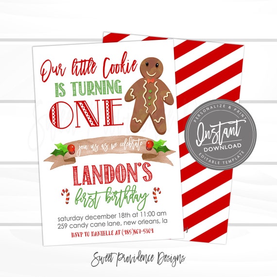 Our Little Cookie Invite, Cookie Birthday Invitation, Christmas Birthday, Boy First Birthday, Editable birthday template, Instant Download Il_570xn