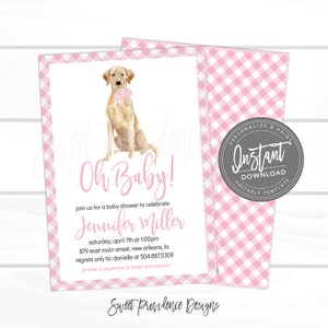Może przedstawiać: Zaproszenie na baby shower z akwarelową ilustracją złotego labradora w r&oacute;żowej kokardzie. Zaproszenie ma r&oacute;żowo-białą obw&oacute;dkę w kratkę i zawiera tekst "Oh Baby!" oraz szczeg&oacute;ły wydarzenia. Projekt zawiera r&oacute;wnież odznakę "Personalizuj i drukuj".