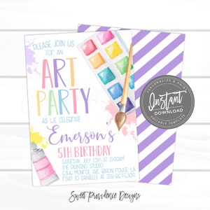Art Party Invitation, Paint Party, Art Party Birthday invitation, Virtual Birthday Invite. Editable Girl Birthday Invitation, Instant Access