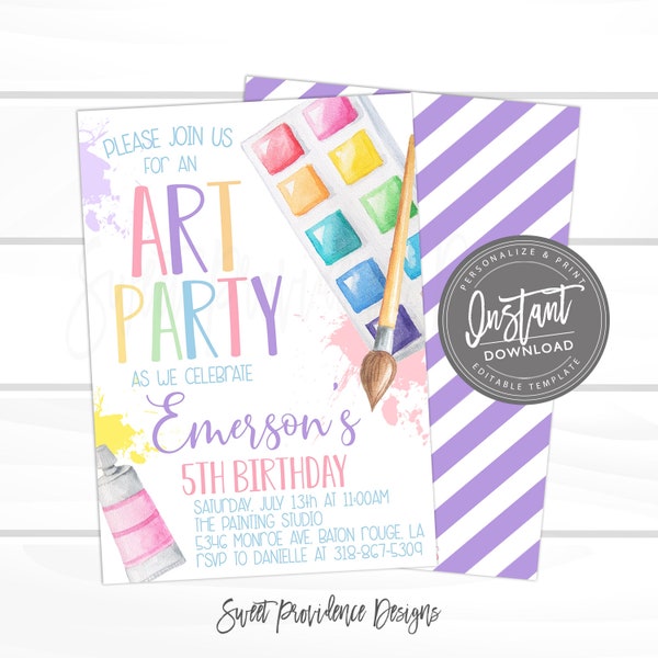 Fun Art Painting Party Invitation, Cute Girl Paint Art Party Birthday invite, Birthday Invite, Editable Girl Birthday Invite, Instant Access
