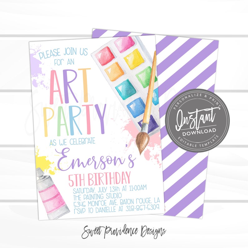Fun Art Painting Party Invitation, Cute Girl Paint Art Party Birthday invite, Birthday Invite, Editable Girl Birthday Invite, Instant Access image 1
