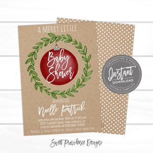 May include: A festive baby shower invitation. The design includes a red bauble with "Baby Shower" in white, surrounded by a green wreath. The invitation is on a kraft paper background, with a polka dot pattern on the reverse side.