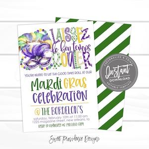 May include: A Mardi Gras party invitation with a purple, green and gold colour scheme. The invitation features a watercolour illustration of a Mardi Gras mask and the text "Laissez le bon temps rouler". The invitation also includes the text "Mardi Gras Celebration" and details about the party, including the date, time, location and RSVP information.