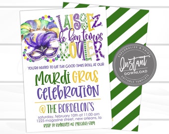 Mardi Gras Invitation, Mardi Gras celebration, Editable Carnival Party template, laissez les bon temps rouler, Fat Tuesday, Instant Access