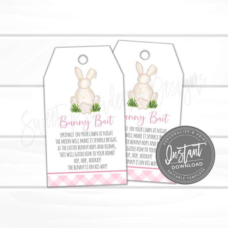 May include: Two printable Easter bunny bait tags with a pink and white gingham pattern. The tags feature a watercolor illustration of a white bunny sitting on a bed of green grass. The text on the tags reads "Bunny Bait" and includes instructions for sprinkling bunny bait on your lawn at night to attract the Easter bunny.