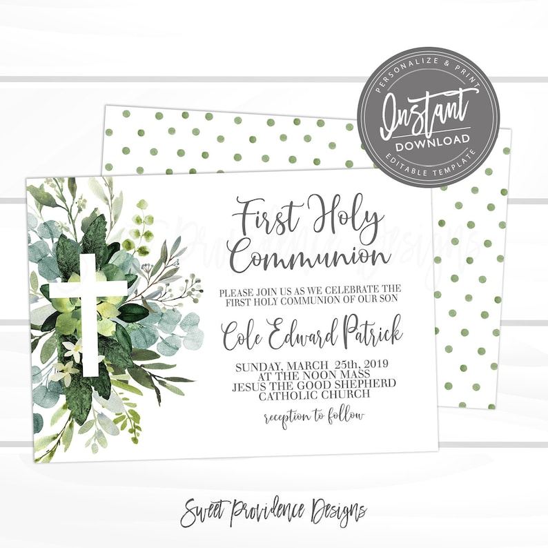 First Communion Invitation, EDITABLE Greenery 1st Holy Communion Party, PRINTABLE Boy First Religious Eucalyptus Invite, Instant Access image 1