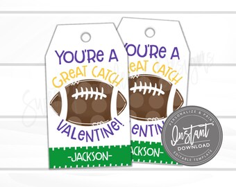 May include: Two white tag-shaped Valentine's Day cards with a football graphic. The cards have the text "You're a Great Catch, Valentine!" and "-Jackson-" in purple, gold, and green. A round "Instant Download" graphic is on the right.