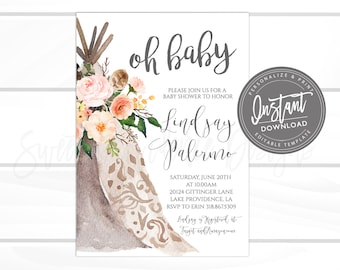Boho baby shower invitation, Floral Teepee Baby Shower Invitation, Watercolor Tribal Feather Invitation, Editable Invite, Instant Access