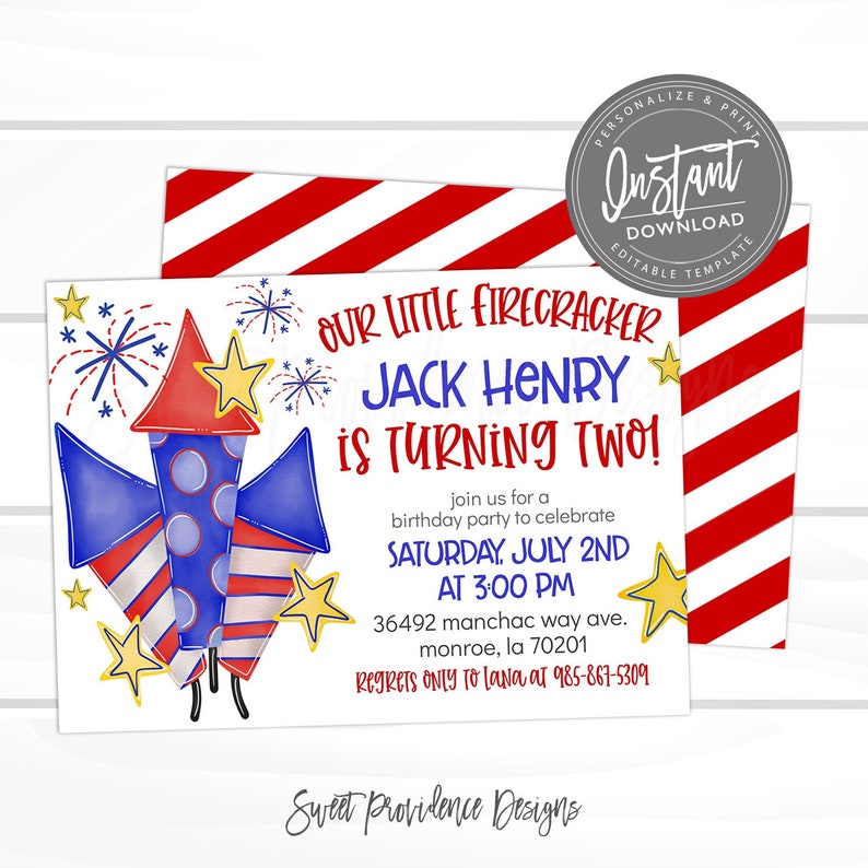 May include: A red, white, and blue birthday invitation with a cartoon illustration of fireworks. The text reads "Our Little Firecracker Jack Henry is Turning Two!"  Join us for a birthday party to celebrate Saturday, July 2nd at 3:00 PM. 36492 Manchac Way Ave. Monroe, LA 70201. Regrets only to Lana at 985-867-5309. Sweet Providence Designs.
