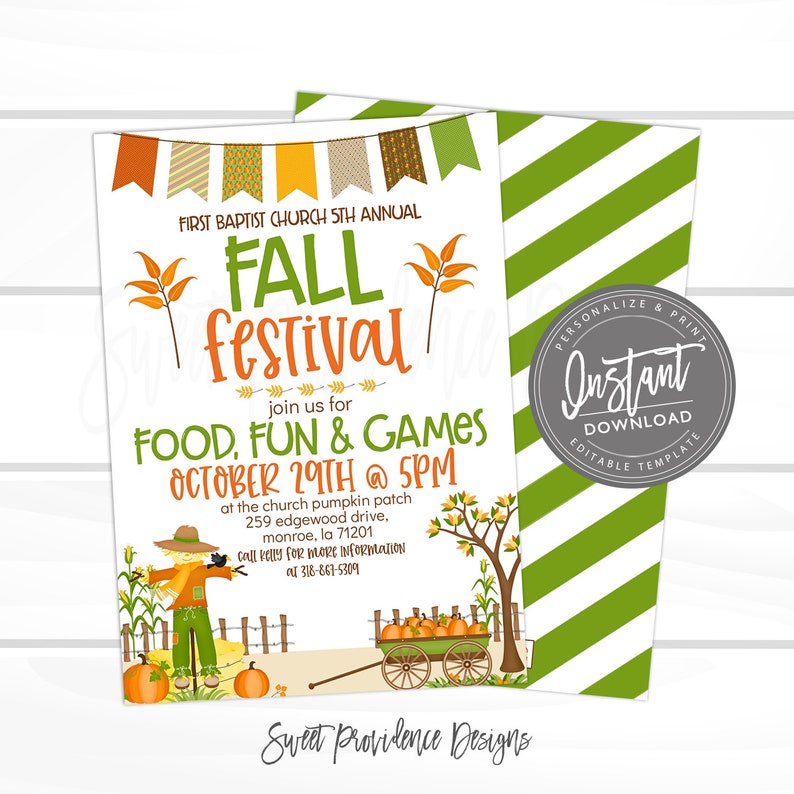 May include: A white invitation with a fall festival theme. The text reads "Fall Festival" in orange and green, with details about food, fun, and games. A scarecrow, pumpkins, and a wagon filled with pumpkins are illustrated.