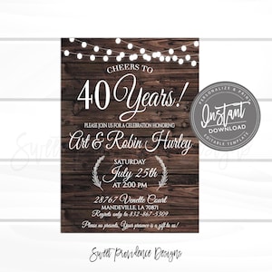 40th Anniversary invitation, Anniversary Party Invitation, Rustic String lights Anniversary Invitation, Editable Invite, Instant Access