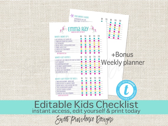 editable kids checklist daily task list customizable chore etsy