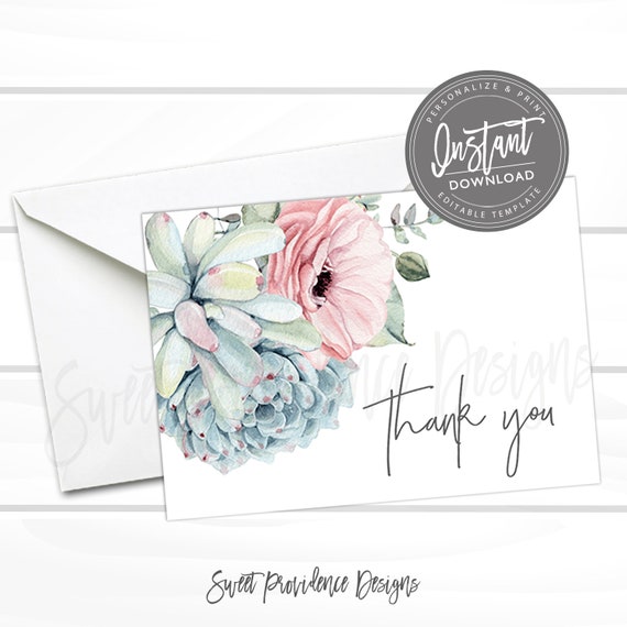 Succulent Thank You Card, Watercolor Boho Succulent Printable Thank you Cards, Boho Chic Instant Access, Bridal Shower Thank You Card Il_570xn