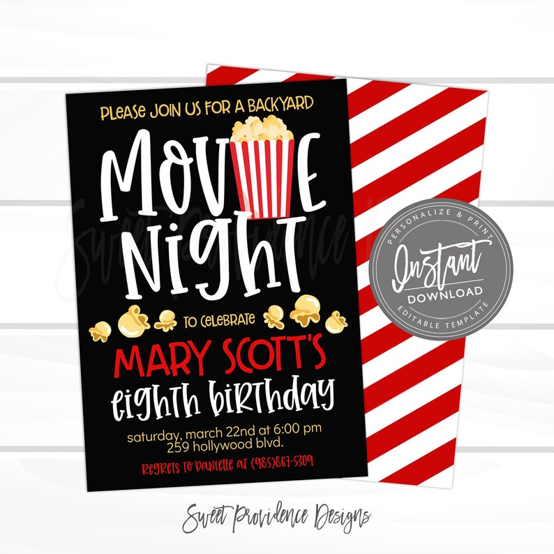 May include: Black and red movie night party invitation with a popcorn bucket and the text "Movie Night" to celebrate Mary Scott's eighth birthday. The invitation includes the date, time, and location of the party, as well as contact information for RSVPs.