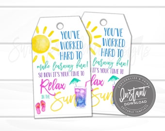Teacher Appreciation Gift Tag, Fun in the Sun, Thank You Favor Tag, beach tote, End of School Year, summer Tag Printable, Instant Download