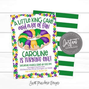 Mardi Gras Birthday Invitation, First birthday, Editable template, birthday boy or girl, Fat Tuesday Carnival, Instant Access
