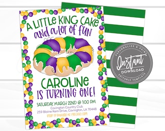 May include: A purple, green, and yellow king cake with a cartoon face, surrounded by purple and green beads. The text reads "A Little King Cake and a lot of fun" and "Caroline is turning one!" with the date and time of the party.  The text "Sweet Providence Designs" is at the bottom of the invitation.