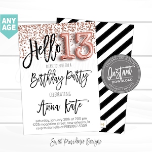 13th birthday Invitation, Editable 13th Virtual Birthday Invitation, Hello 13, Rose Gold Glitter, Surprise, Printable Invite, Instant Access