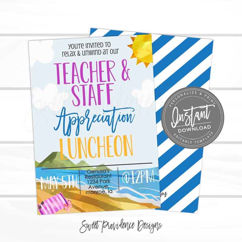 Teacher Appreciation Luncheon Invitation, Beach Theme Teacher Luncheon, PTO fundraiser, Editable template, Sweet Providence, Instant Access image 1