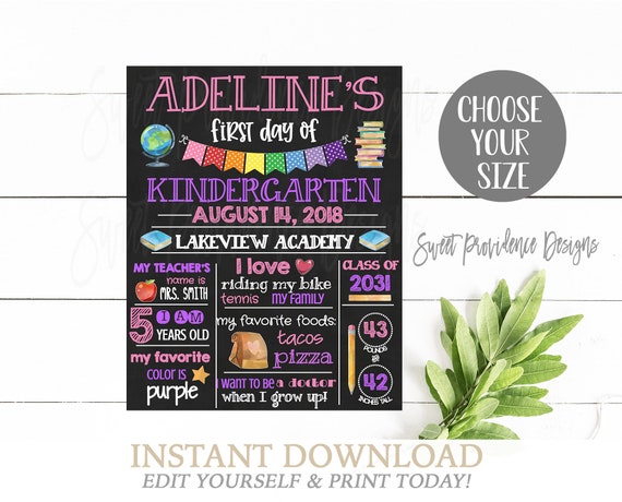 Back to School Chalkboard, First Day of School Sign, ANY GRADE, Back to School, 1st Day Printable Sign, EDITABLE, Instant Access, Il_570xn