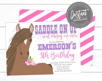 Horse Birthday Invitation, Western Horse Invitation, Editable Girl Birthday template, Saddle on up Invitation, Instant Access,