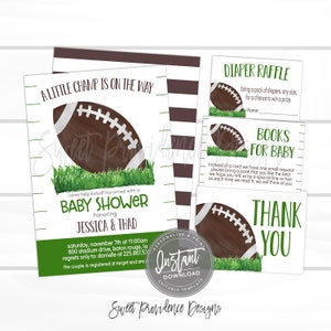 May include: A green and brown baby shower invitation with a football design. The invitation says "A Little Champ is on the Way" and includes the text "Baby Shower honoring Jessica & Thad".