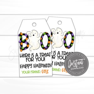 May include: Two white Halloween gift tags with the word "BOO" in colorful polka dot letters and ghost illustrations. Text reads "Here is a treat for you! Happy Halloween! Your friend, Cole."