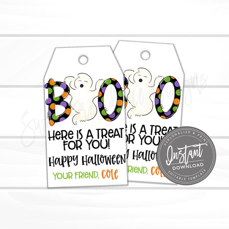 May include: Two white Halloween gift tags with the word "BOO" in colorful polka dot letters and ghost illustrations. Text reads "Here is a treat for you! Happy Halloween! Your friend, Cole."