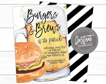 May include: An invitation to a Burgers & Brews party at The Patricks on Saturday, May 31st at 4:00 PM. The invitation features a watercolor illustration of a beer mug and a hamburger.
