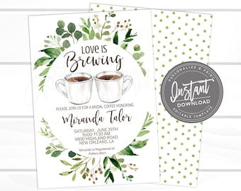 Bridal Tea Invitation, Bridal Shower, Editable Botanical Greenery Bridal Shower, Love is brewing Coffee Invite, Printable Instant Access