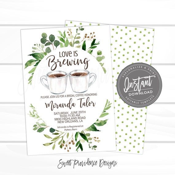 Bridal Tea Invitation, Bridal Shower, Editable Botanical Greenery Bridal Shower, Love is brewing Coffee Invite, Printable Instant Access Il_570xn