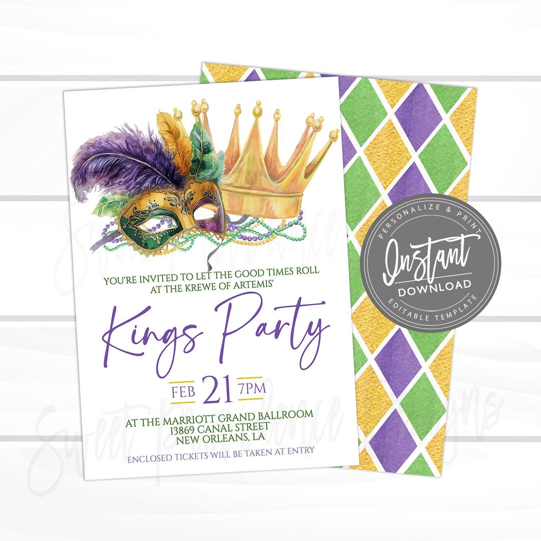 Kings Invite Mardi Gras Kings Party Invitation, Editable Royal Court Party ...
