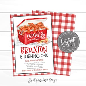 May include: A red and white checkered background with a birthday invitation for a boy named Braxton turning one. The invitation features a red cooler with crawfish inside and the text "Crawfish Cake, and Lots of Fun".