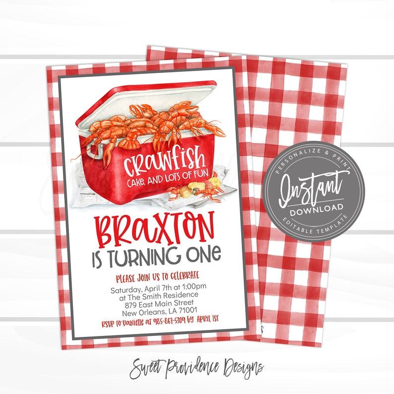 May include: A red and white checkered background with a birthday invitation for a boy named Braxton turning one. The invitation features a red cooler with crawfish inside and the text "Crawfish Cake, and Lots of Fun".