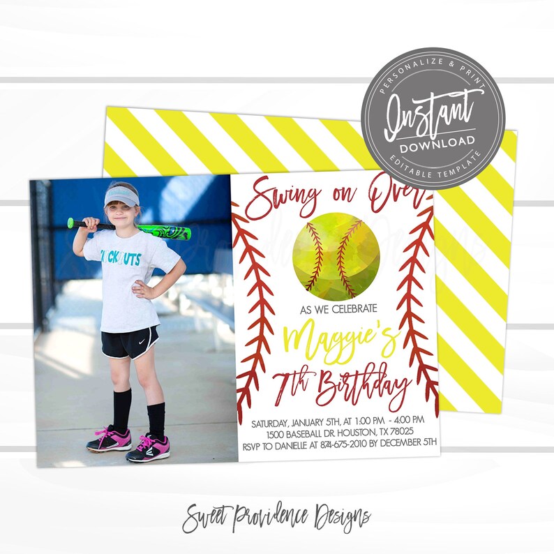 May include: A softball-themed birthday invitation with a photo of a girl holding a bat. The invitation says "Swing on Over" and "Maggie's 7th Birthday". The invitation is decorated with red stitching and a watercolor softball.