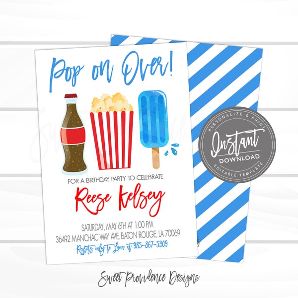 Pop on Over Birthday Invitation, popcorn Invitation, Editable Birthday invite, pop, popcorn, popsicle, movie, , Instant Access