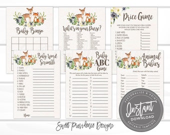 Baby Shower Games Party Pack, Woodland Boy Animal Games, EDITABLE Printable baby game, Bingo, Animal Baby, , Instant Access