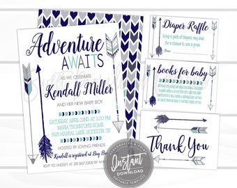 Adventure shower invitation, Adventure Awaits Baby Boy Invite Kit, Tribal Feathers Invitation, EDITABLE template, Instant Access,