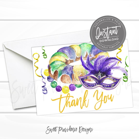 Mardi Gras Thank You Card, Editable Thank You Card, Editable Masquerade Thank You, Mardi Gras King Cake Printable Invite, Instant Access Il_570xn