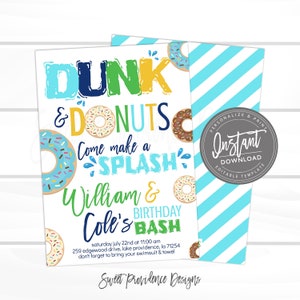 Dunk and Donuts Birthday Invitation, Pool Birthday invitation, Donut Invite, Editable template, Instant Access, Printable Sweet Providence