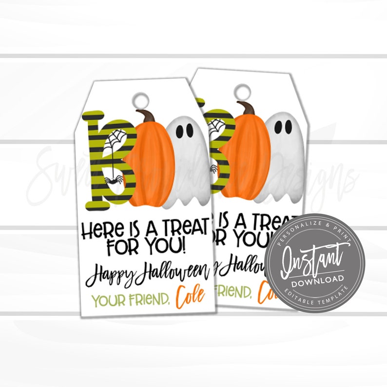 May include: Two Halloween-themed gift tags with a white background. Each tag features the word "BOO" with a pumpkin, ghost, and spiderweb design. The text "Here is a treat for you! Happy Halloween" is also included.