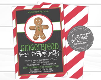 Könnte beinhalten: Eine weihnachtliche Einladung mit einem Lebkuchenmann-Design. Die Einladung hat einen rot-weiß gestreiften Hintergrund, eine schwarze Tafel mit weißem und grünem Text und die Worte "Gingerbread House Decorating Party".