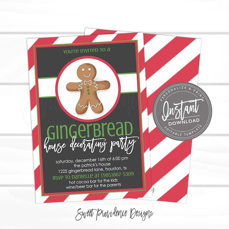 May include: A Christmas-themed invitation with a gingerbread man illustration. The invitation features a red and white striped background, a black chalkboard-style panel with white and green text, and the words "Gingerbread House Decorating Party."