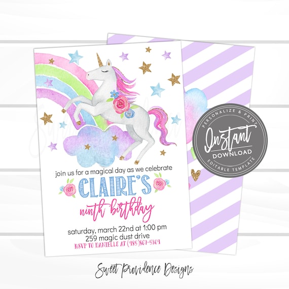 unicorn invitations unicorn birthday invitation editable