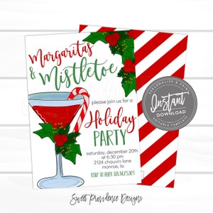Pu&ograve; includere: Invito per una festa natalizia con un bicchiere di margarita, un bastoncino di zucchero e un'illustrazione di vischio. L'invito recita "Margaritas & Mistletoe Holiday Party" con i dettagli dell'evento e il testo "Download istantaneo".