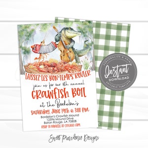 May include: An invitation to a crawfish boil with a cartoon alligator playing a bass and a crawfish playing an accordion. The text reads "Laissez les bon temps rouler, join us for our 4th annual Crawfish Boil at the Bordelon's, Saturday, June 19th @ 3:00 PM, Bordelon's Crawfish Mound, 12596 Mound Drive, Baton Rouge, LA 70808, RSVP to Danielle at (225)867-5309, Sweet Providence Designs".