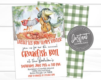 Pode incluir: Um convite para um cozido de lagostim com um jacaré de desenho animado tocando baixo e um lagostim tocando acordeão. O texto diz "Laissez les bon temps rouler, join us for our 4th annual Crawfish Boil at the Bordelon's, Saturday, June 19th @ 3:00 PM, Bordelon's Crawfish Mound, 12596 Mound Drive, Baton Rouge, LA 70808, RSVP to Danielle at (225)867-5309, Sweet Providence Designs".