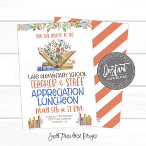 Op de afbeelding: Een uitnodiging voor een Teacher & Staff Appreciation Luncheon. Het ontwerp bevat aquarel illustraties van boeken en bloemen. De tekst luidt "Lake Elementary School Teacher & Staff Appreciation Luncheon May 5th @ 12 PM". De uitnodiging bevat het restaurantadres.