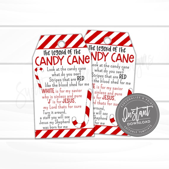 EDITABLE Legend of the Candy Cane Christmas Tag, DIY Christmas Tag, Candy Cane Tag, Holiday Favor Hang Tag, Christmas Hang Tags, Gift Tag Il_570xn