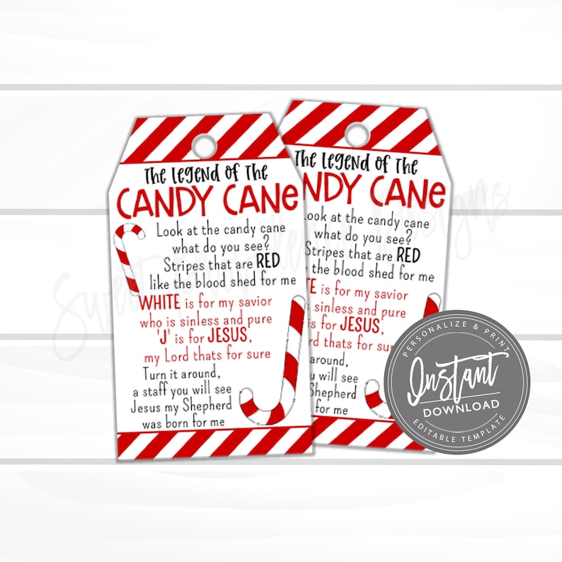 May include: Two Christmas-themed gift tags with a red and white candy cane design. The tags feature the text "The Legend of the Candy Cane" and a poem about the candy cane's symbolism. Includes a round "Instant Download" graphic.